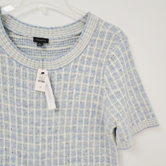 Talbots M Crewneck Sweater Sequin Plaid Blue Short Sleeve Preppy Academic NWT - Picture 2 of 12